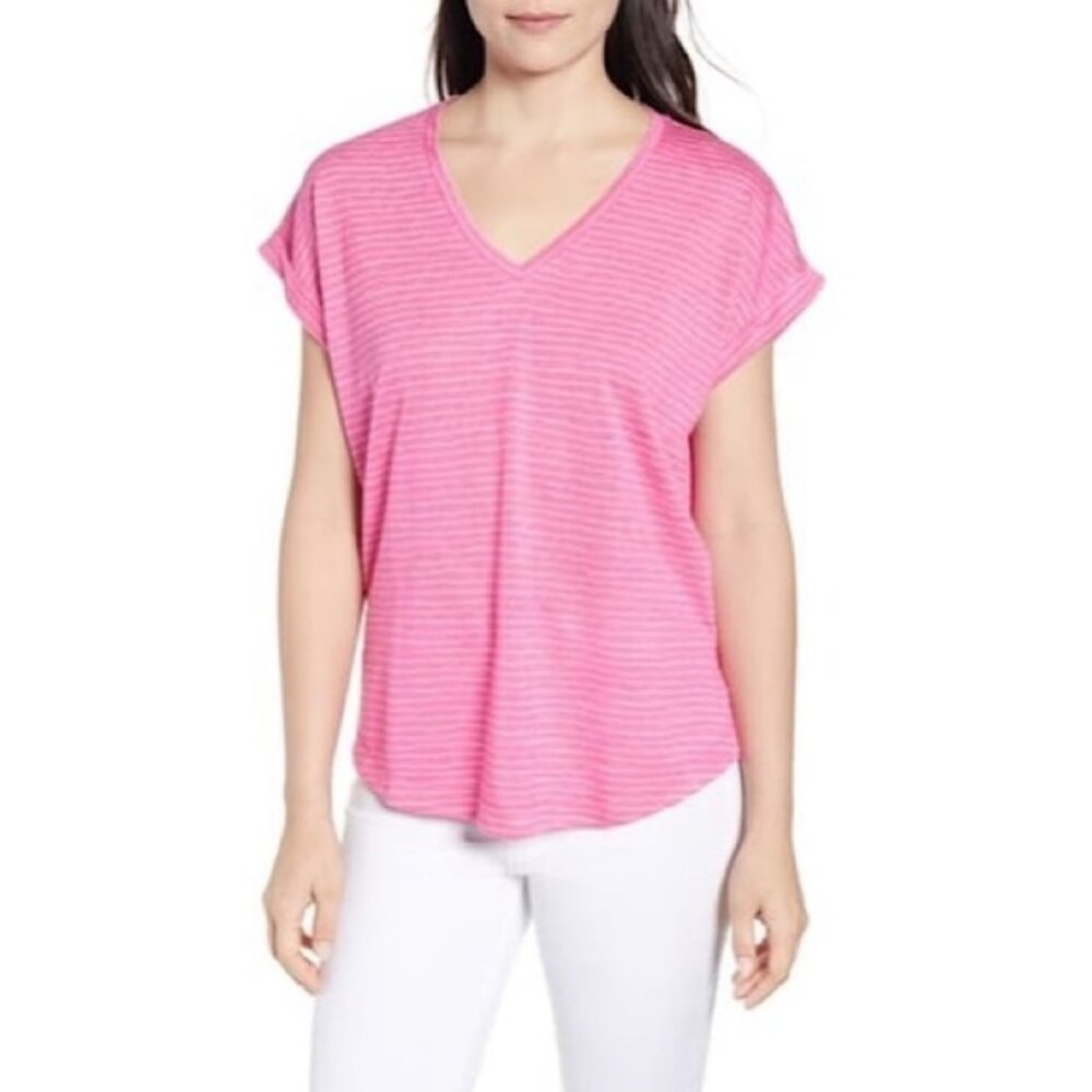 Bobeau Stripe Pleat Back V-Neck T-Shirt